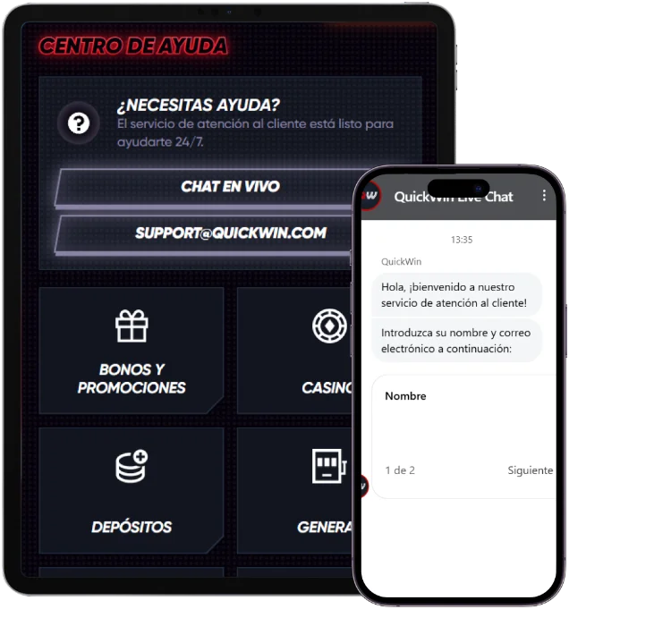 Soporte y ayuda de QuickWin Casino Centro de ayuda de QuickWin Casino con chat en vivo, soporte al cliente 24/7 y categorías de asistencia