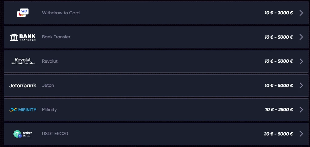 Opciones de retiro en QuickWin Casino Métodos de retiro de QuickWin Casino con tarjeta, transferencia bancaria, Revolut, Jeton, Mifinity y USDT ERC20