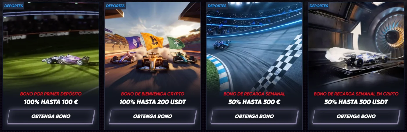 Bonos deportivos de QuickWin Casino Promociones deportivas de QuickWin Casino con bono de primer depósito, recarga semanal y opciones con criptomonedas